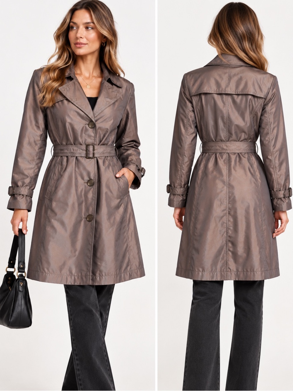 Gallery Vintage Y2K Metallic Belted Trench Coat Iridescent Mid Length Large